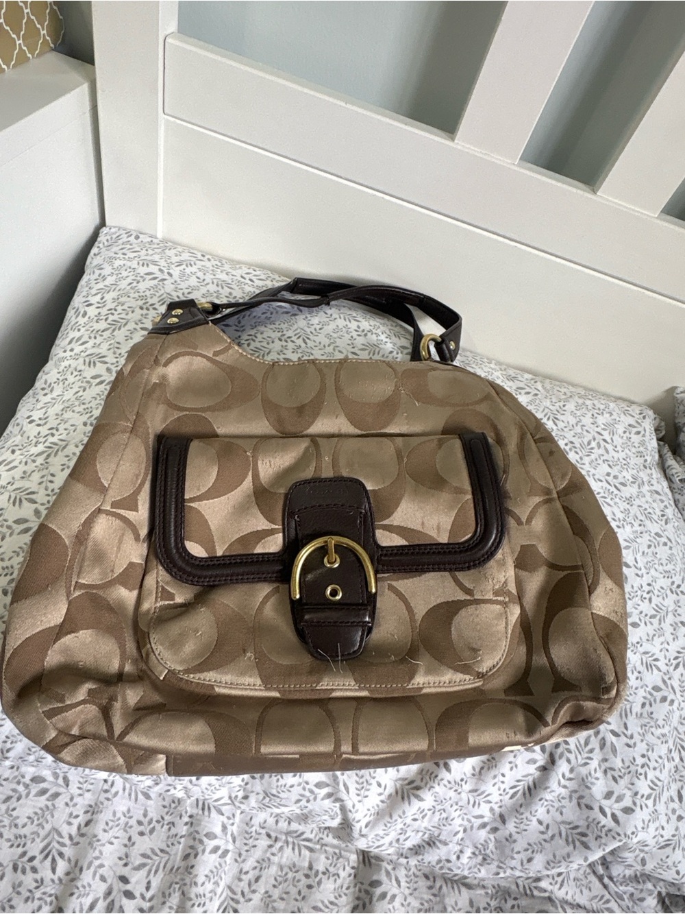 Coach Tan Signature Shoulder Bag with Brown Trim